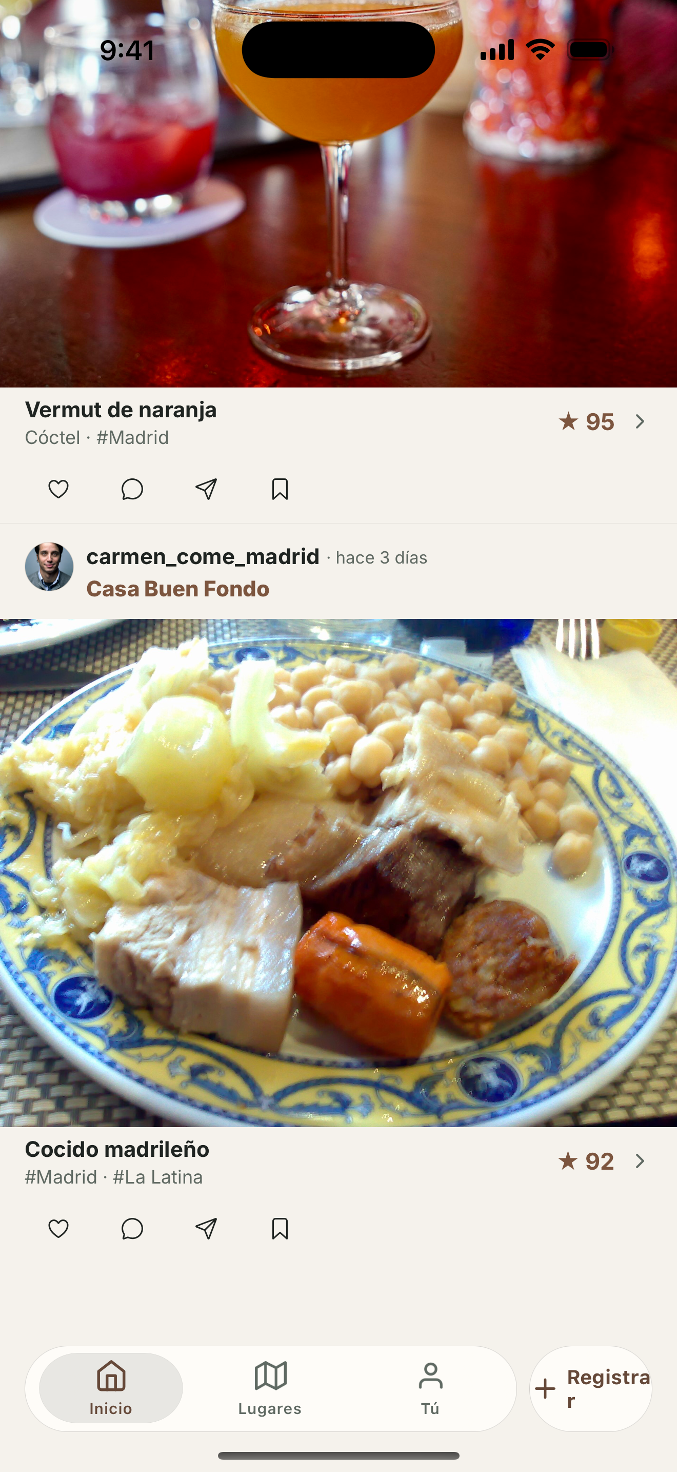 Actividad de inicio con recomendaciones de comida y bebida de amigos.