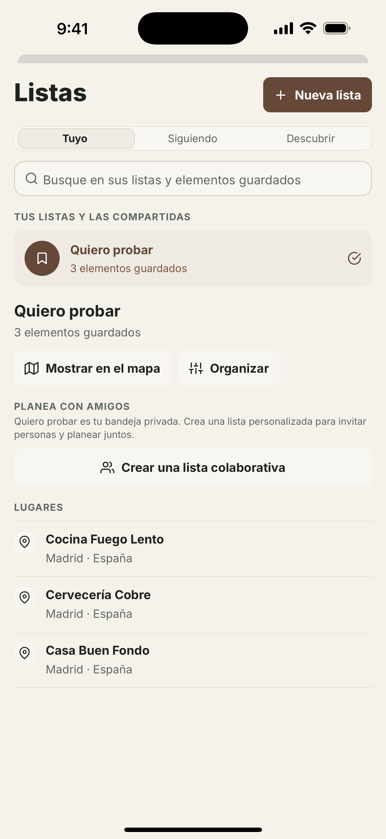 Listas guardadas que organizan lugares y publicaciones en colecciones con nombre.