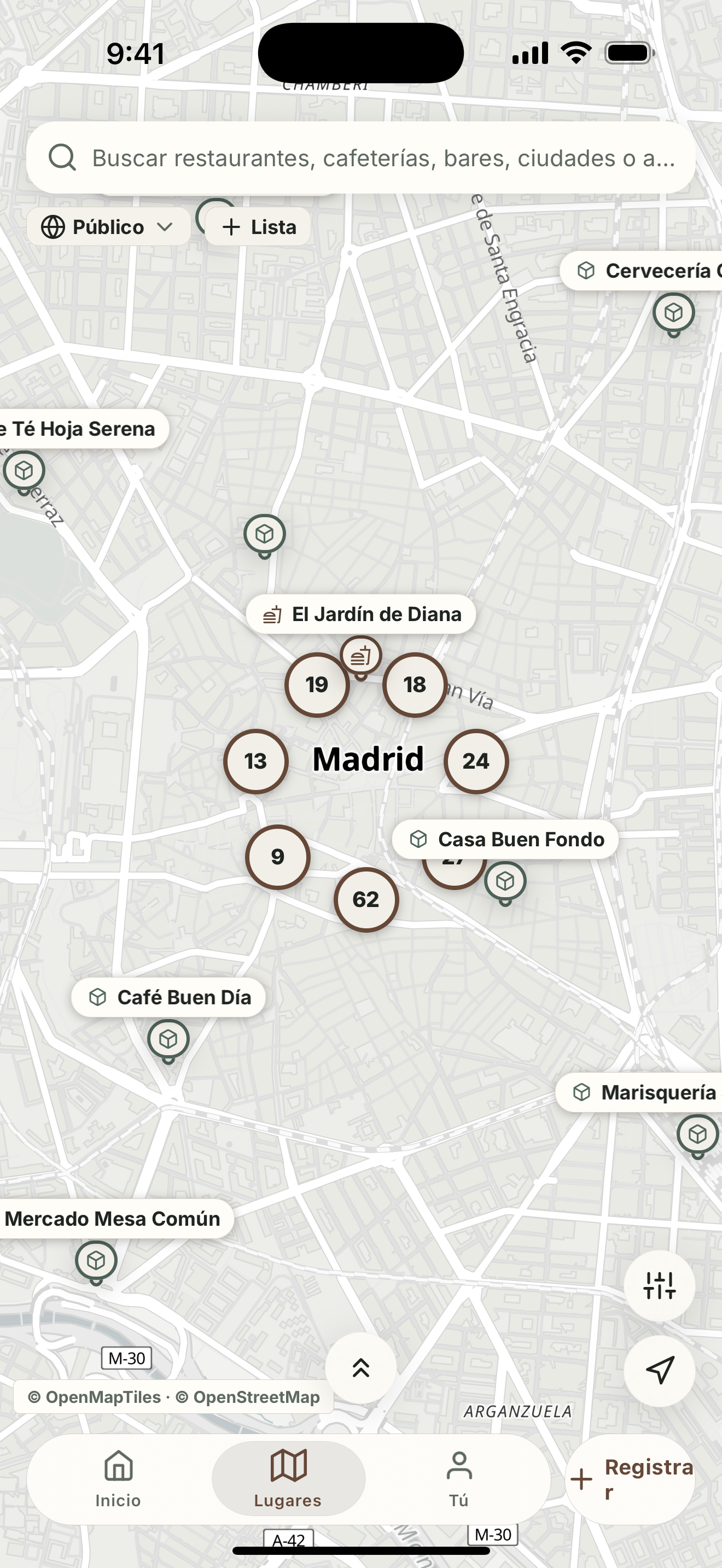 Mapa con restaurantes, cafés, bares y destinos guardados cercanos.