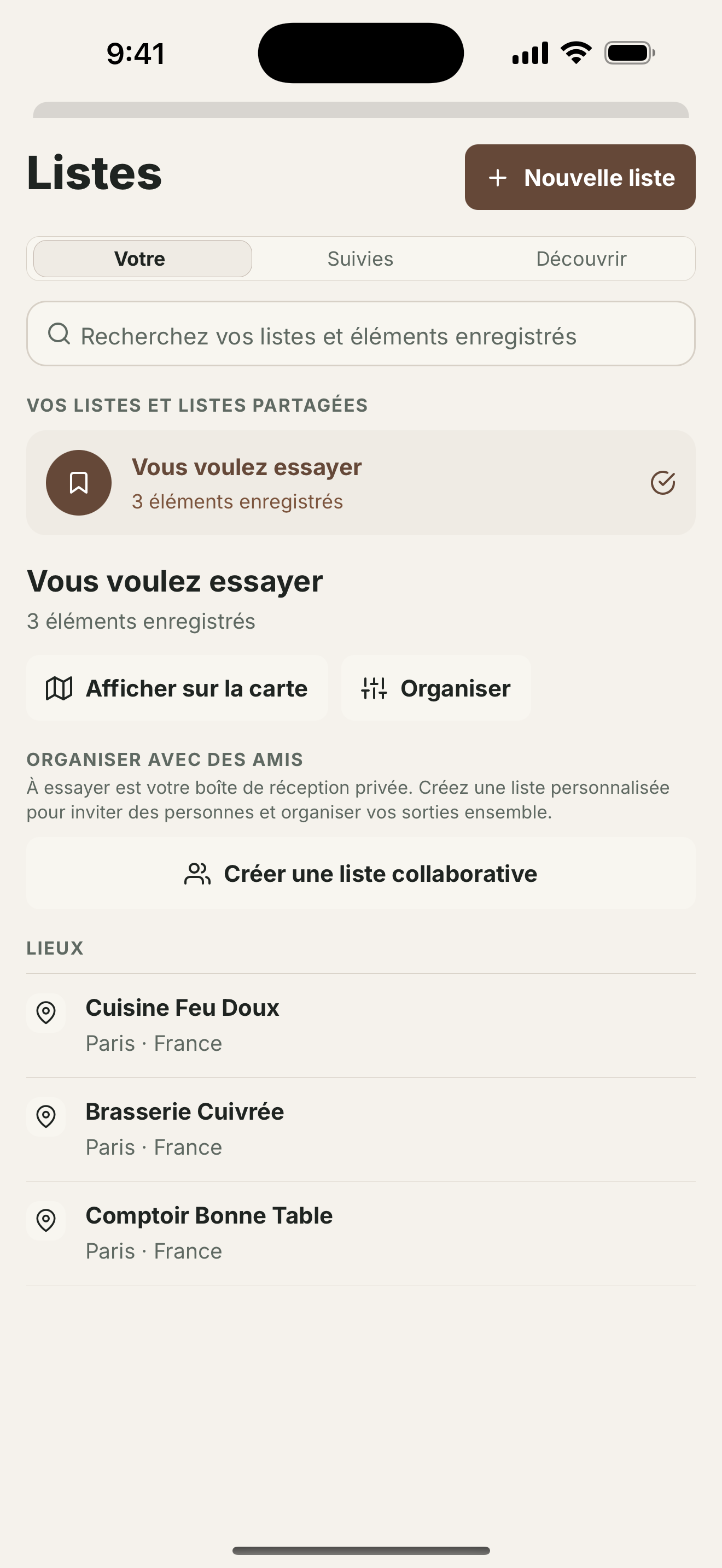 Listes enregistrées organisant lieux et publications en collections nommées.