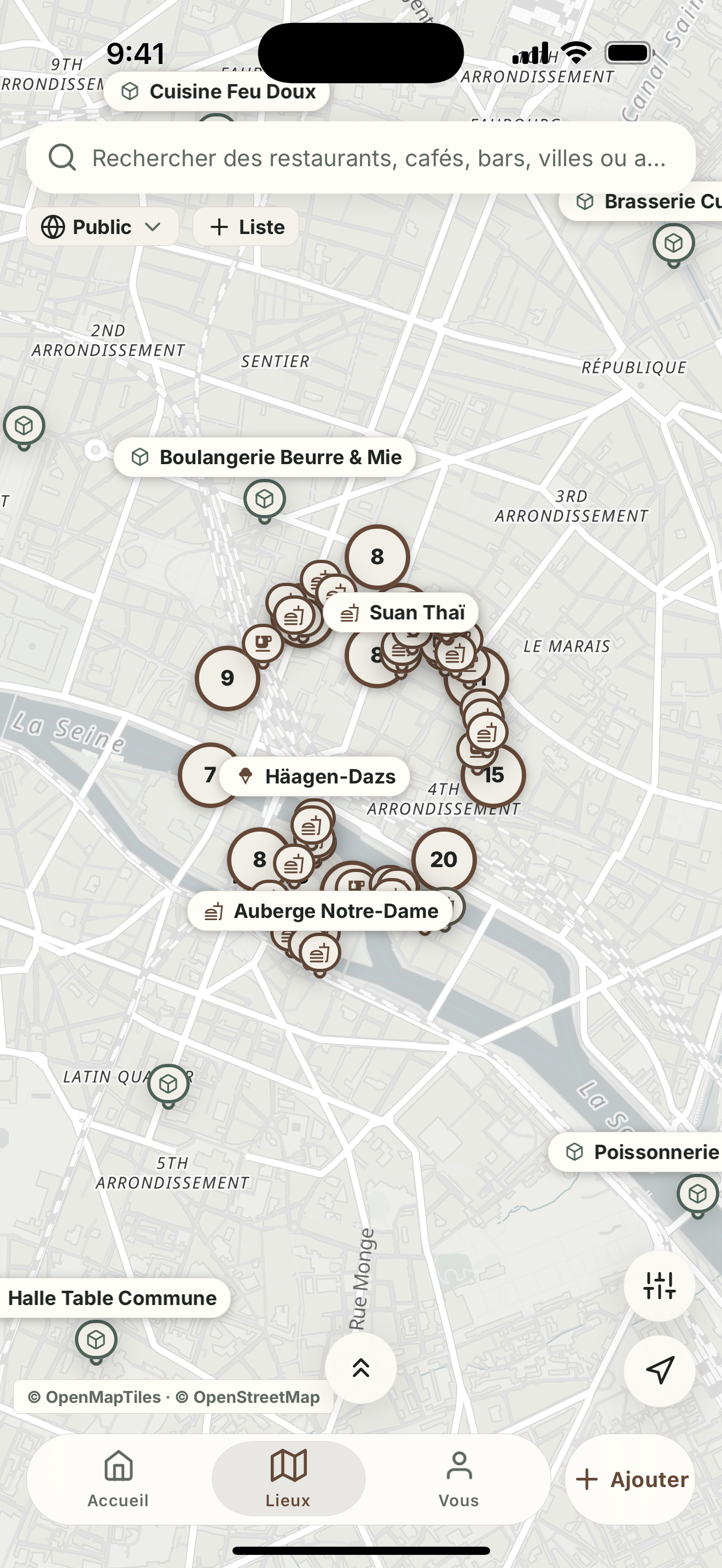Carte des restaurants, cafés, bars et destinations enregistrées à proximité.