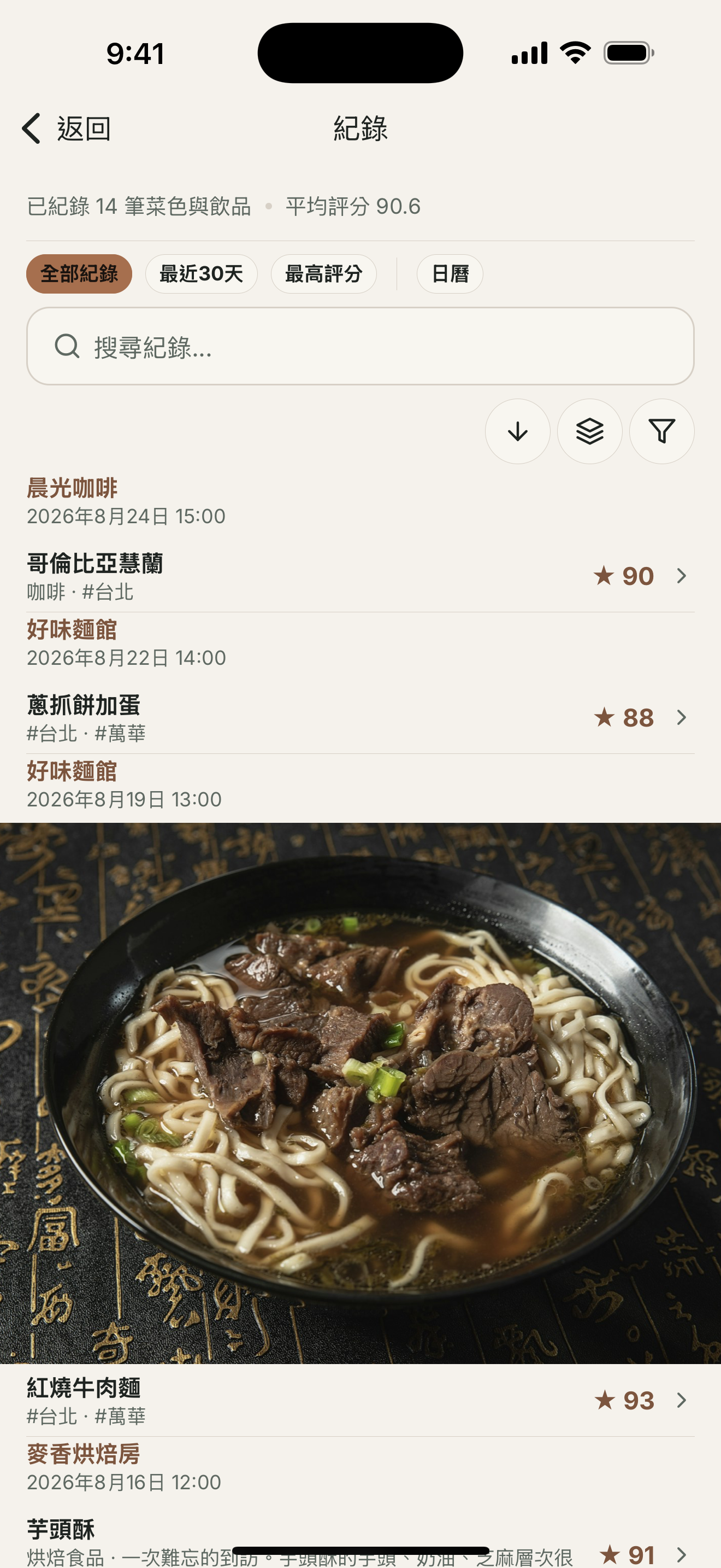 個人紀錄顯示已儲存的菜色、飲品、評分和地點。
